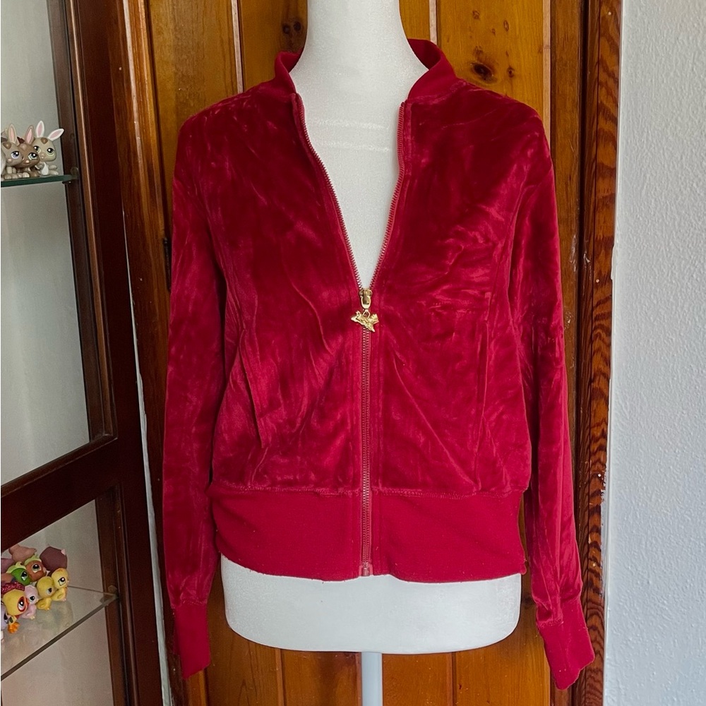 Central Park Red Velour Zip Up Gold Hardware Charm Zipper Size M